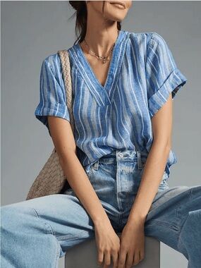 Anthropologie Pilcro Blue White Striped Deep V Cuffed Sleeves Linen Tee Medium